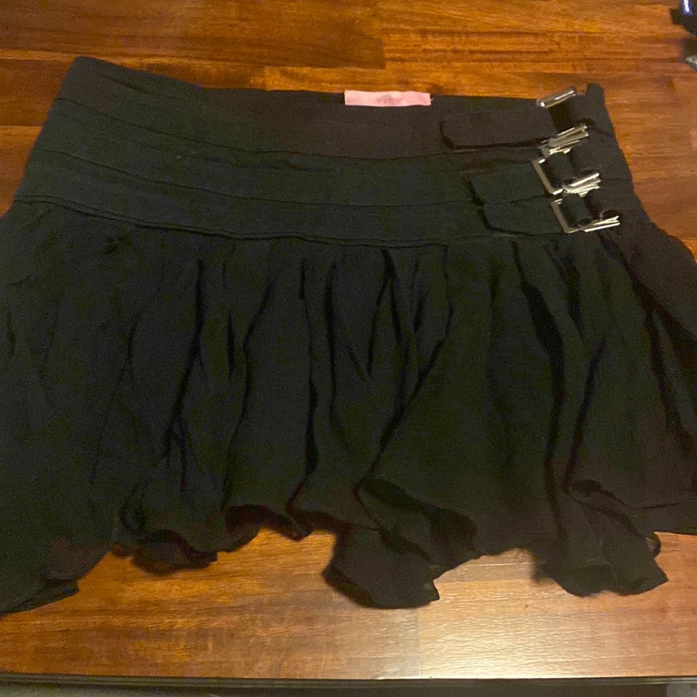 Black Pleated Mini Skirt with Buckle Details